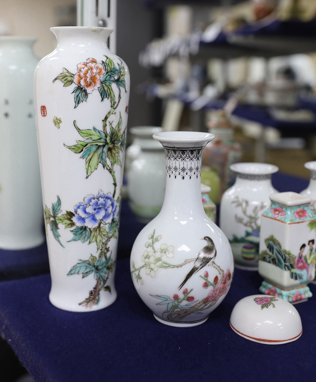 A pair of Chinese yellow glazed vases, pair of square form famille rose vases and baluster vase, a republic period baluster vase and five other items, (11items)